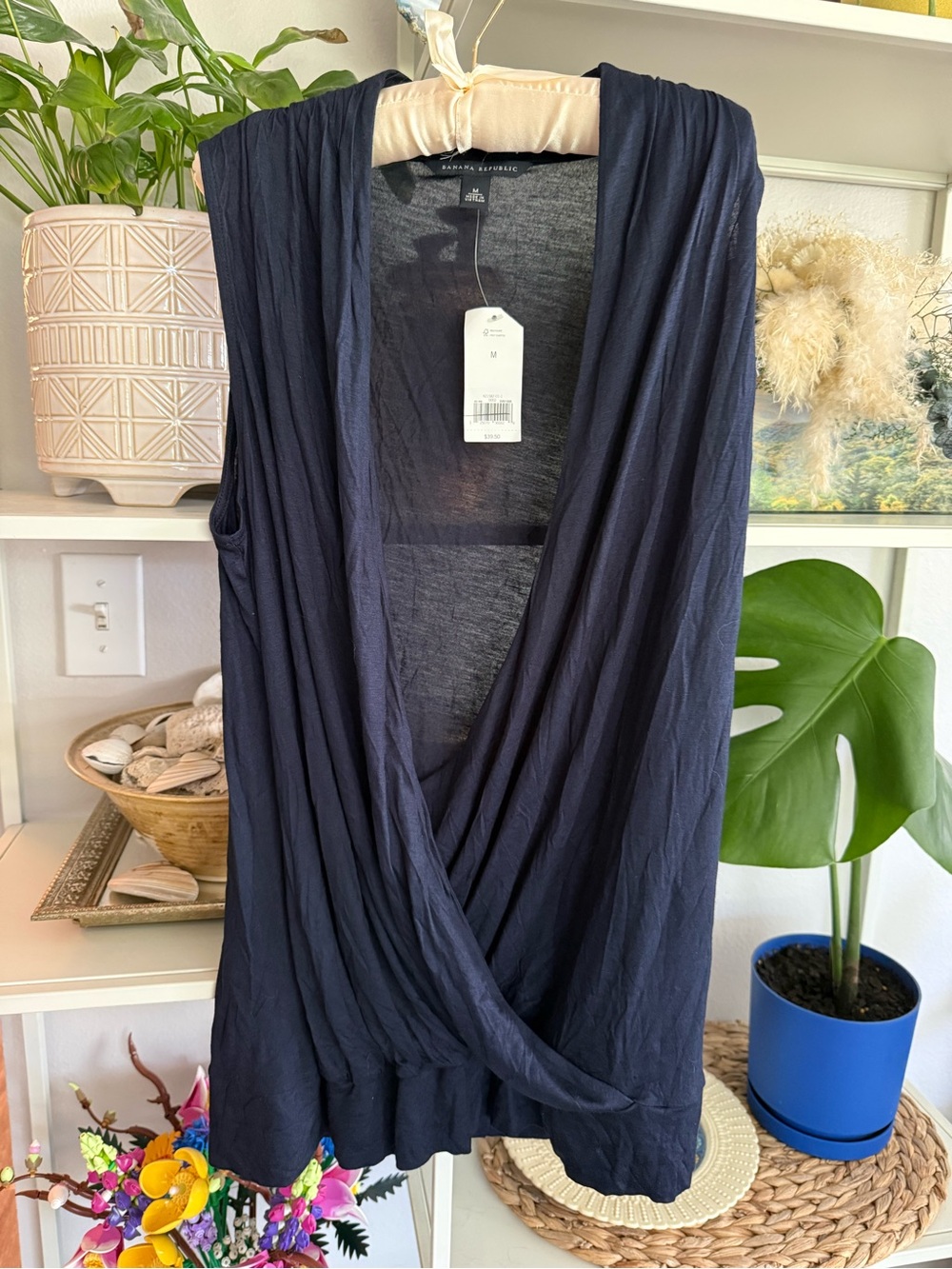 Banana Republic Navy Blue Draped Sleeveless Tank Top